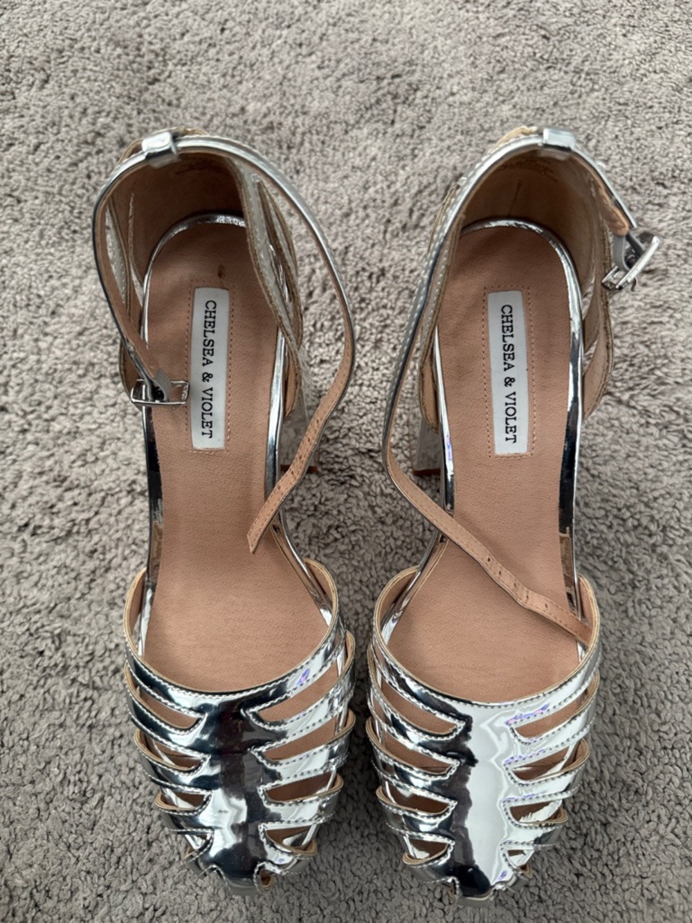 Chelsea & Violet Silver Metallic Cutout Ankle-Strap Heels